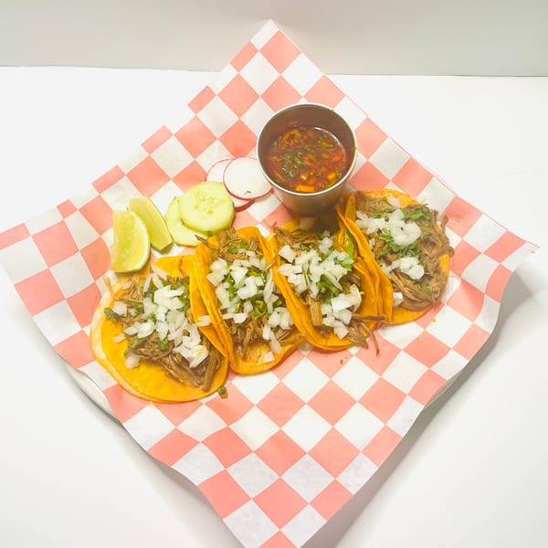 Four Mister Taco birria tacos with onions, cilantro, limes, cucumbers, radishes, and a side of consommé.