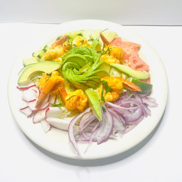 Mister Taco's shrimp ceviche with avocado, red onion, radish, tomato, and cucumber on a white plate.