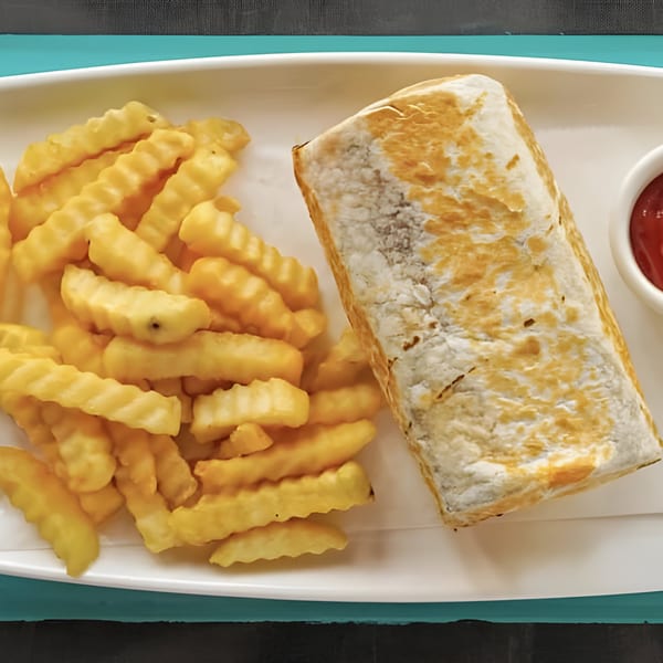 Mister Taco's golden-brown burrito with a side of crinkle-cut fries and a small cup of ketchup.