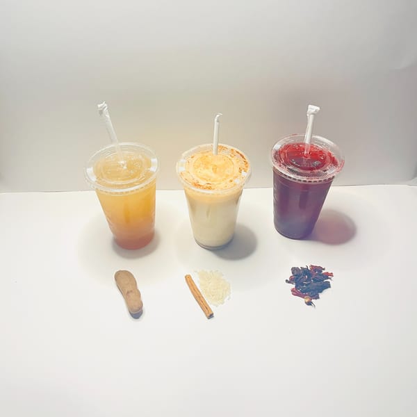Three aguas frescas: tamarindo, horchata, and jamaica, with their ingredients displayed.